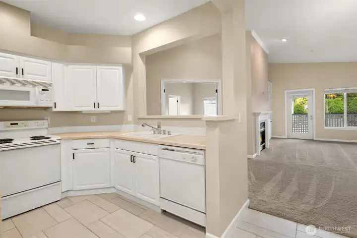 Tons of cabinets and flows wonderfully into the dining/living space