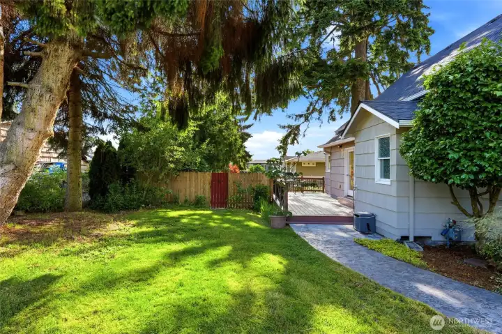 Fully fenced backyard with patio and expansive lawn.
