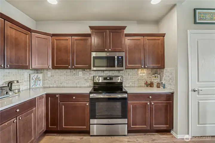 Quartz countertops provide style and durability.