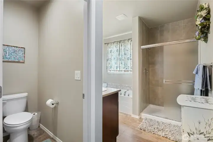 A well-appointed primary bathroom creates a private retreat, with a private toilet closet.