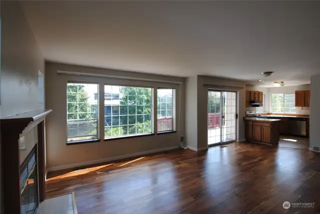 Main floor family room, slider and kitchen