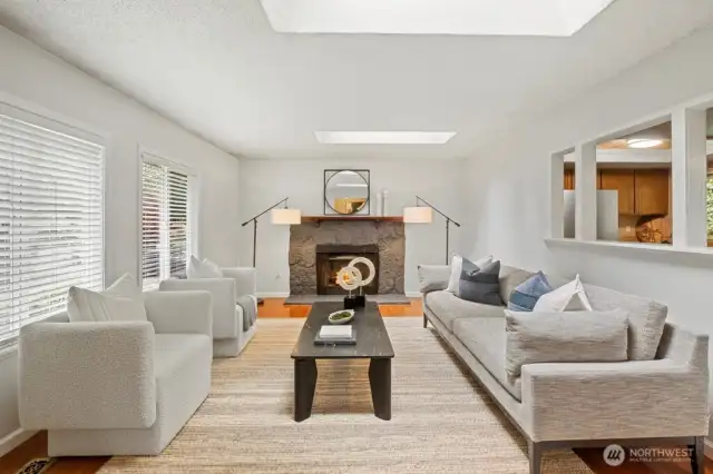 light and bright living room with skylights