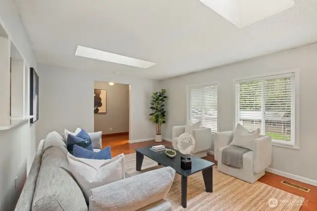 Comfortable living room with pass through access to kitchen