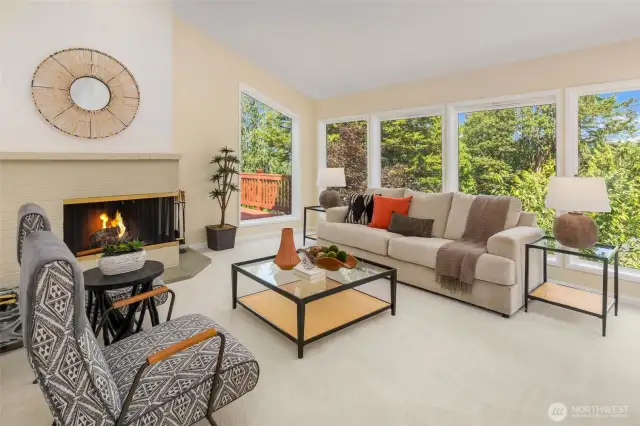Vaulted ceilings in living room with territorial views