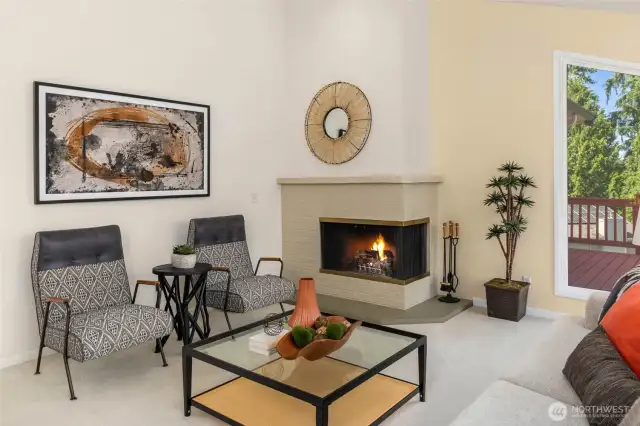 Living room with wood burning fireplace