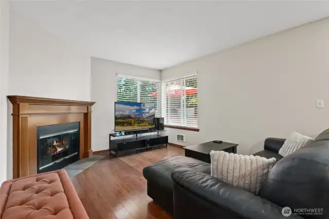 Spacious living rm w/electric fireplace. Nice windows and lots of natural light.
