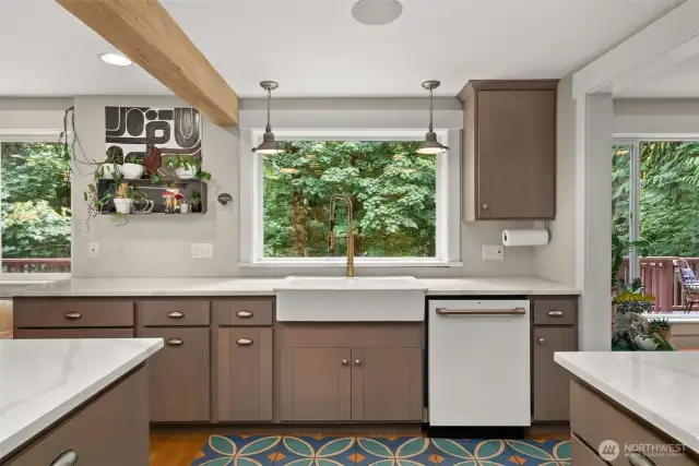 exposed wood beam and views from kitchen!