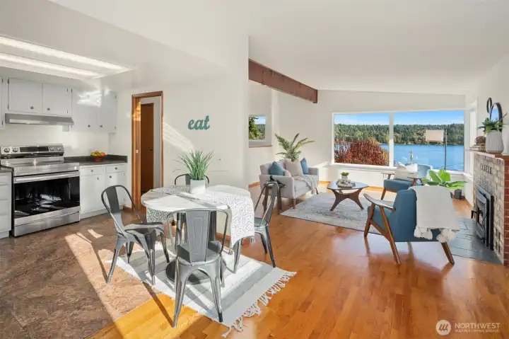 Great room living with kitchen and eating area.