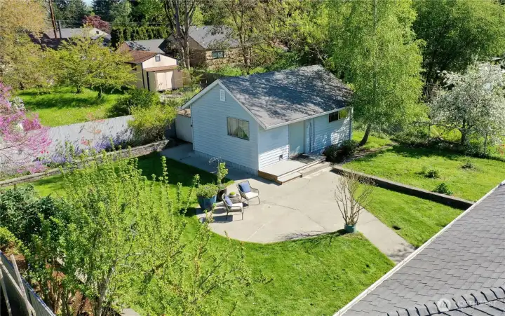 Aerial view of backyard.