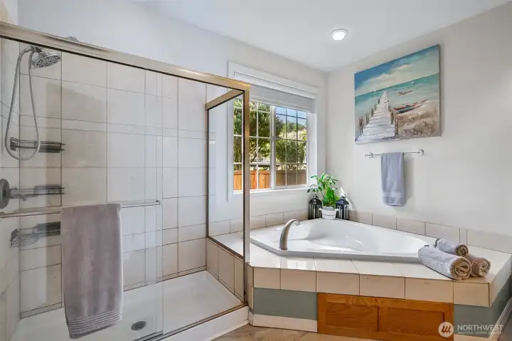 Oversized shower and the jetted tub is a bonus for a soak after those long days