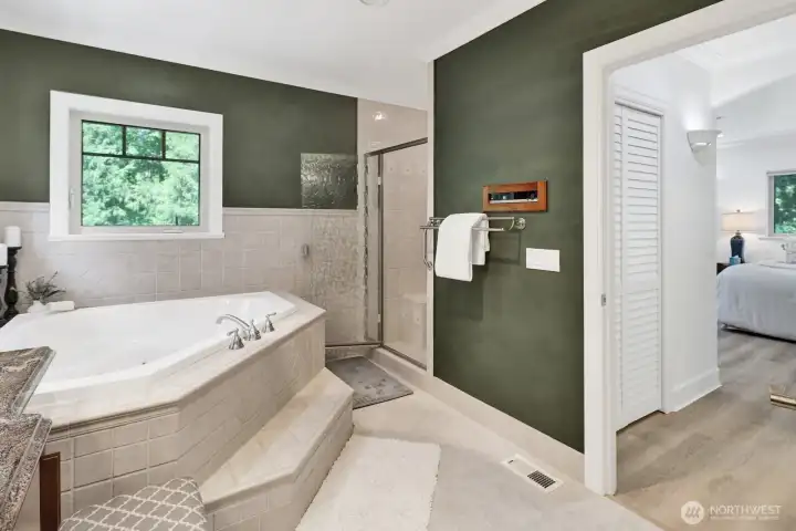 The primary bath features a soaker tub, separate shower, and closet space between the bedroom and bath The primary bath features a soaker tub, separate shower, and closet space between the bedroom and bath