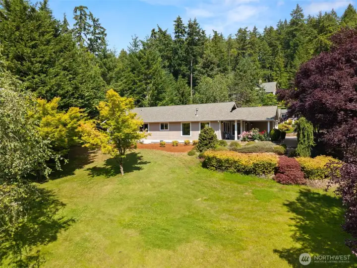 View of the large lawn on the side of the home