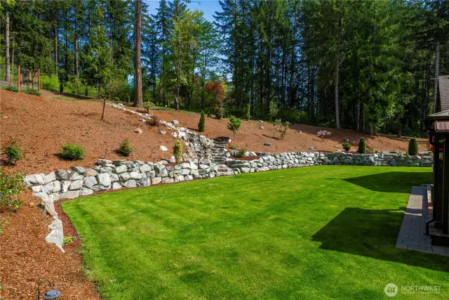 Sideyard between outdoor kitchen and waterfall.