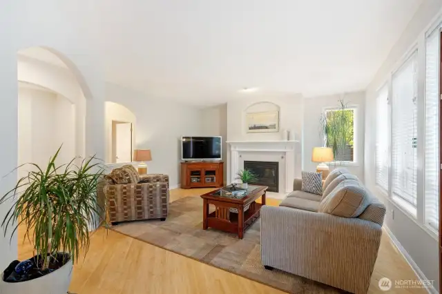 informal living area/great room just off the kitchen with fireplace and window wall to the back yard.