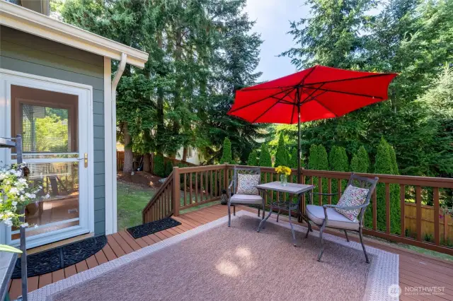 Privacy. Nice deck off the kitchen overlooking the huge privae backyard.