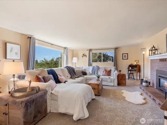 Spacious Living Room with propane Fireplace & walls of view windows.