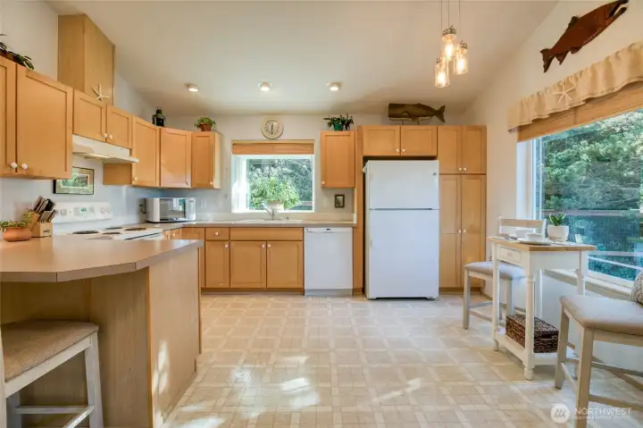 Large kitchen with maple cabinets, vinyl flooring, pantry, garden window, breakfast bar and dining area. All appliances are included.