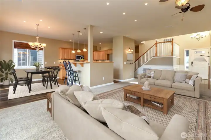 Virtually staged living room and dining area for decor ideas!