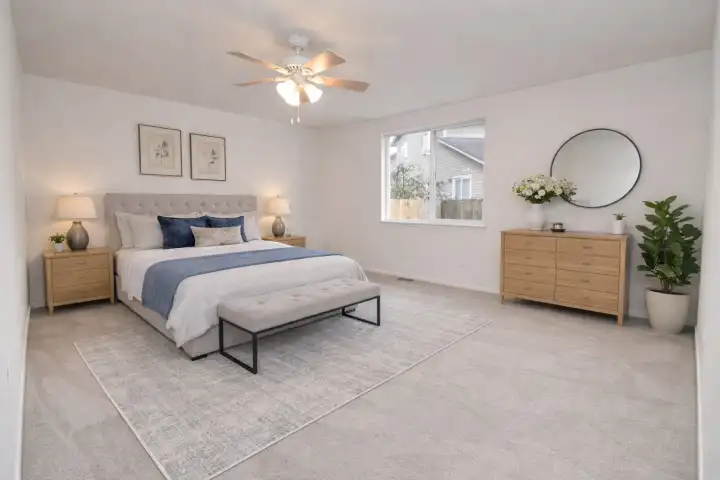 Virtually staged primary bedroom