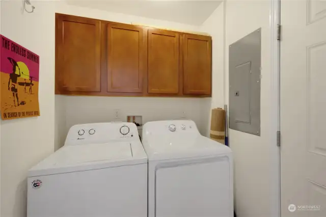 Laundry room/mud room with plenty of cabinets.  200 amp electrical panel.