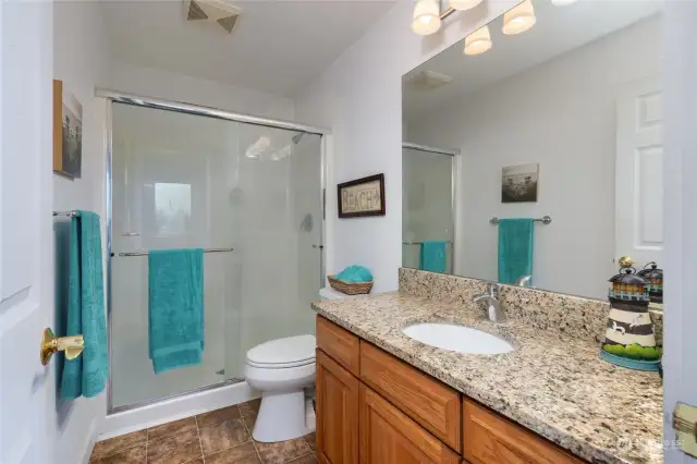 The lower level bathroom features a walk-in shower