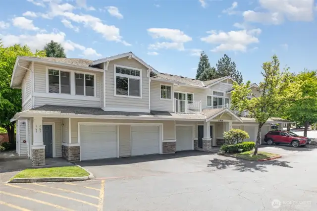 Complex is surrounded by plenty of tall trees and greenery.