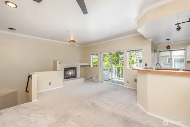 A spacious and inviting living room, complete with a modern electric fireplace for cozy evenings.