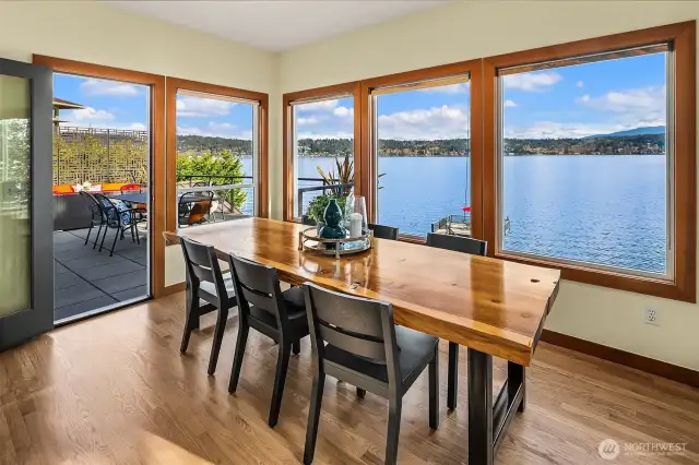 The dining room drinks in the most awe inspiring lake and mountain views.