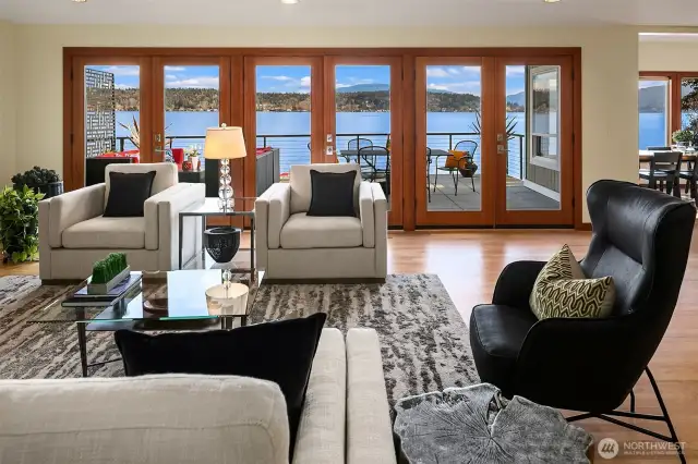 Great room on the main floor with newer nano-style wall of windows for indoor/outdoor living.