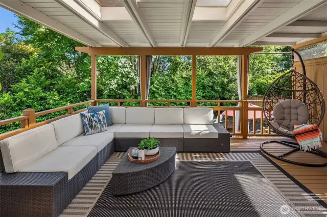 Enjoy serene mornings or sunset evenings on the second-floor covered balcony—an open-air retreat with treetop views, perfect for lounging, reading, or sipping coffee while taking in the peaceful surroundings.