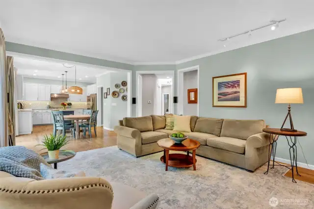 Semi-open concept leads to the den and the dining room.