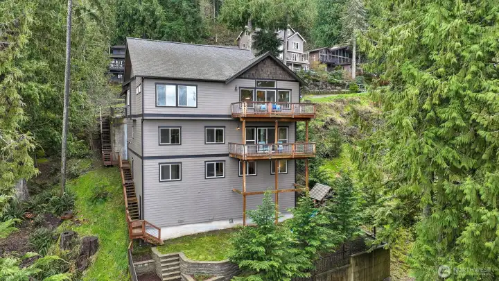 Outside stairs to access each level and storage