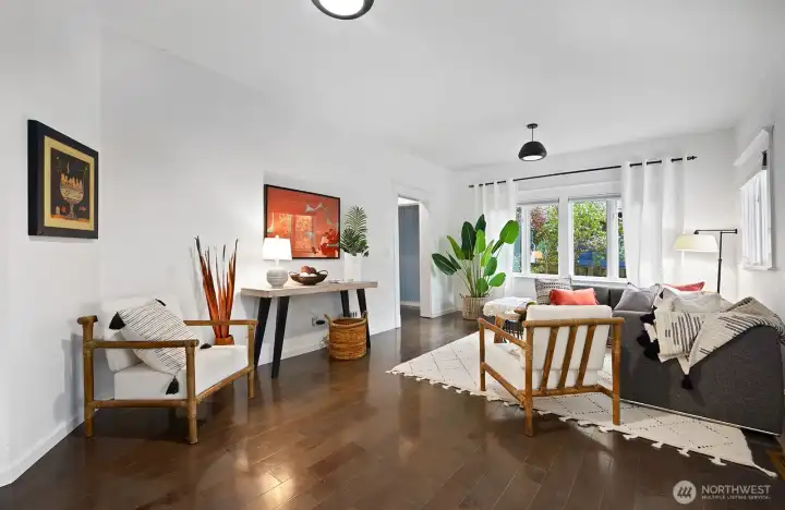On the left is the entry to the main level den and bath and stairs to the second level.