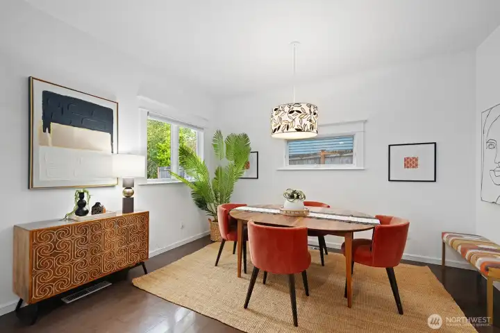 Formal or casual, the dining area has room for some big pieces of furniture.