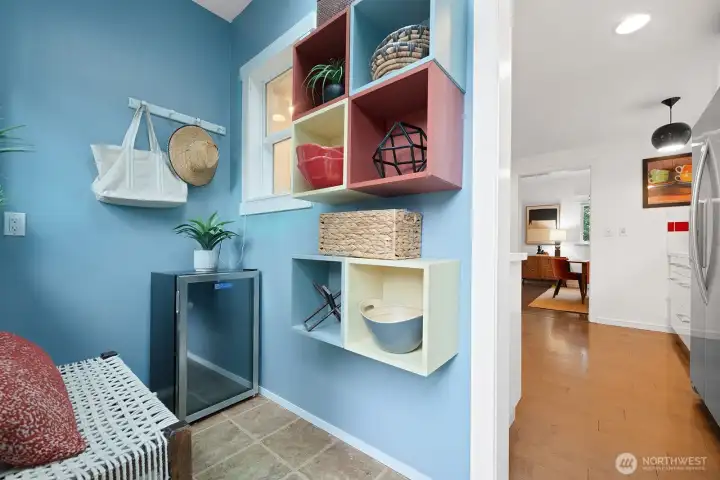 Beverage cooler in the mud room.