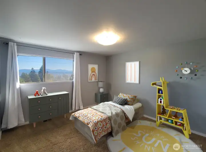 Upper level bedroom 1. (Staged to Scale)