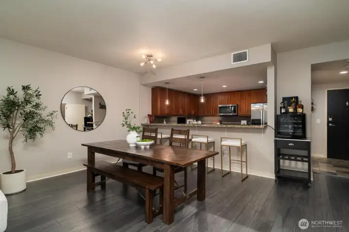 So much room to entertain! Barstool seating and plenty of room for a dining room table