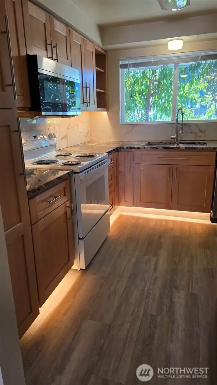 Unit 4 Fully Renovateed Kitchen with floors, cabinets, countertops and backsplash and lighting!