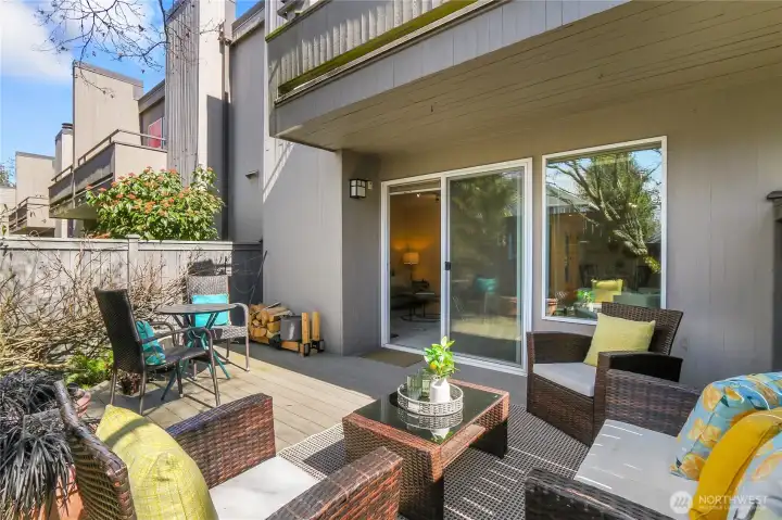 Deck in fenced backyard