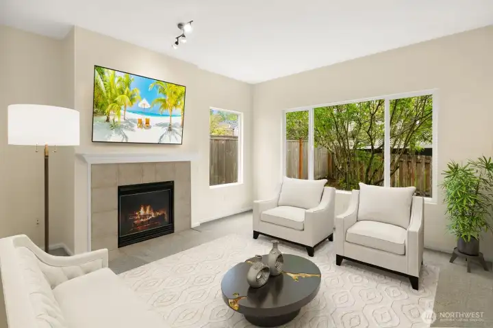 Family room with cozy gas fireplace.