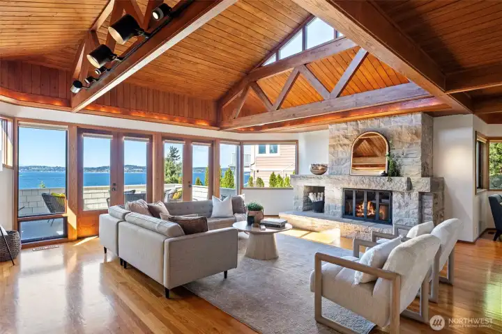 Granite fireplace and custom built-in shelving and storage