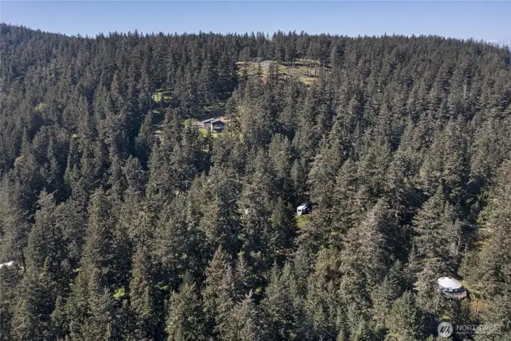 Scenic aerial perspective capturing the property's serene setting, rolling landscape, and proximity to island amenities, dining, and the marina.