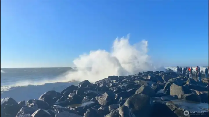 Crashing waves at the Ocean Shores Jetty