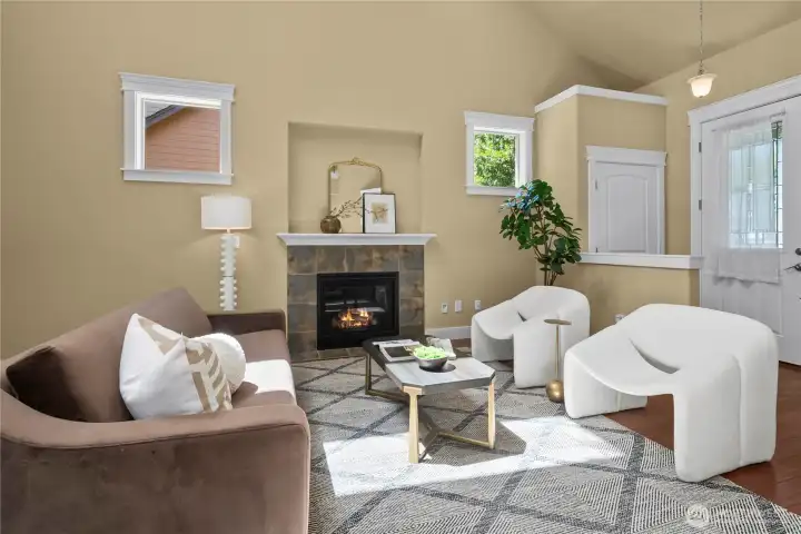 The gas fireplace with tile surround and wood mantle creates a cozy atmosphere on cool evenings. The gas fireplace with tile surround and wood mantle creates a cozy atmosphere on cool evenings.