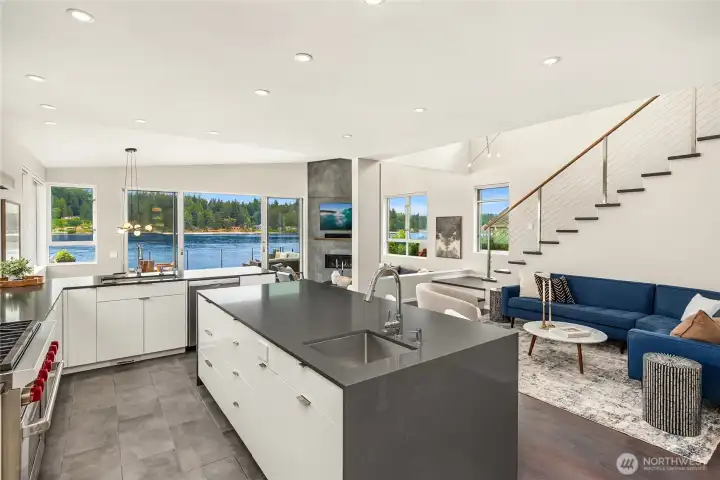 Looking from the kitchen over to the upper lounge space.