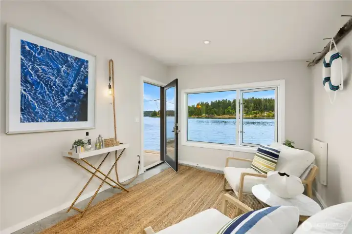 Looking from inside the boat house to the water.