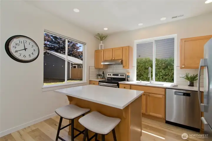 Kitchen and island. Kitchen and island.