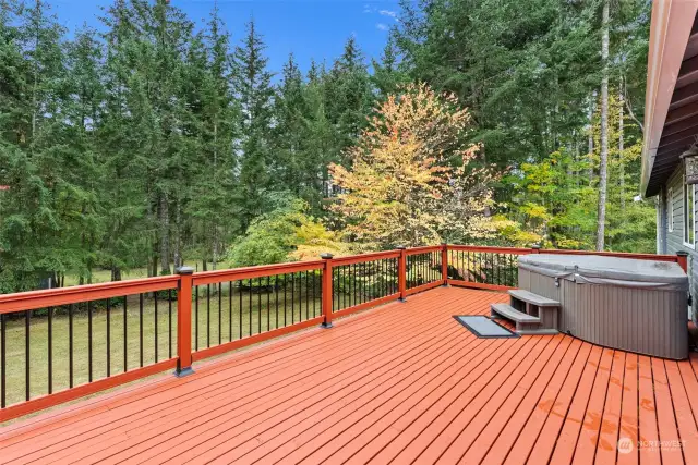 Deck overlooking the grounds with mature trees, shrubs and landscaping.  Hot tub works perfectly and stays.  Deck has been refreshed, including all new deck railings.