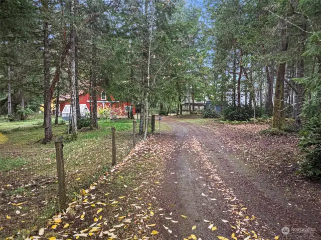 Pathway to the barn, shows one of the fenced pastures to the left.  There's electrical and water throughout the property for all your outdoor and animal needs.