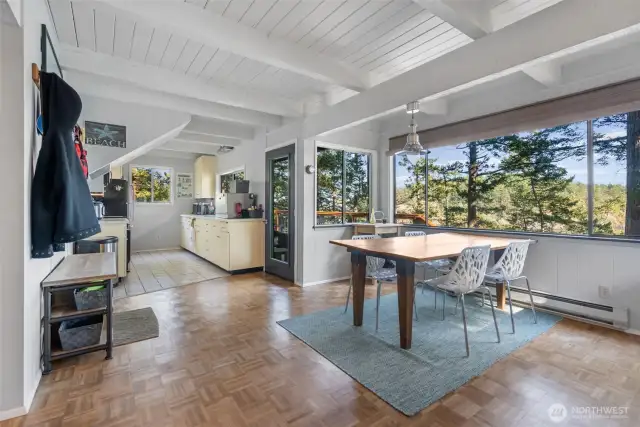open concept kitchen, dining room and living room.
